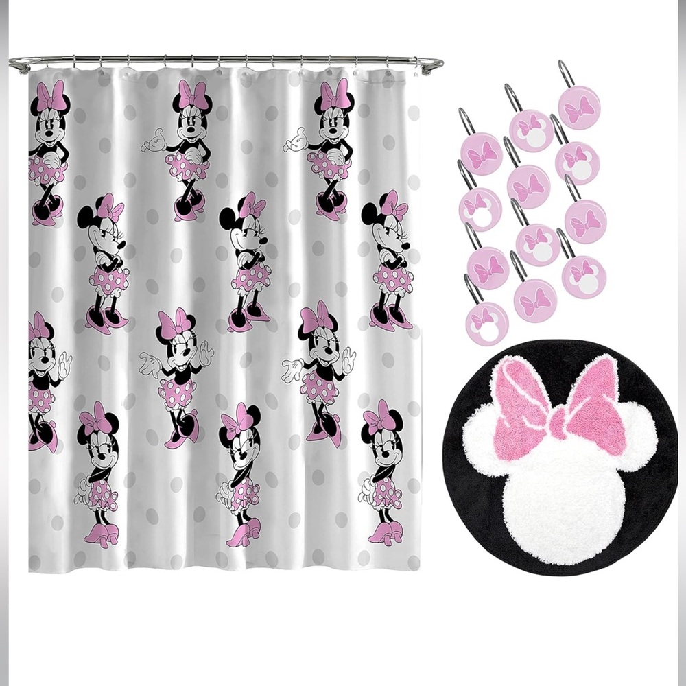 Disney Minnie Mouse 14 Piece Bathroom Set-Shower Curtain, 12 Hooks, & Bath Mat